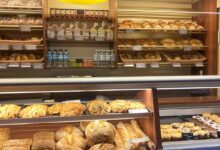 a display of bread and drinks