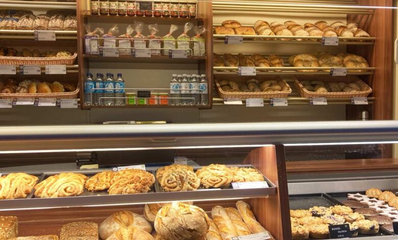 a display of bread and drinks