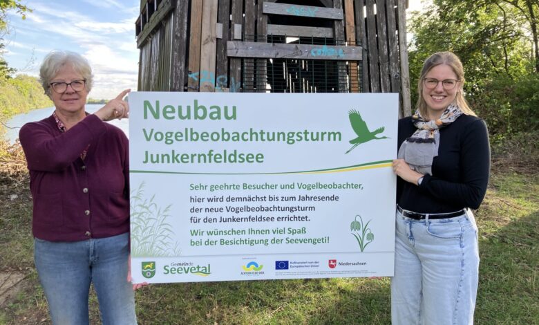 Zwei Frauen halten ein Schild hoch